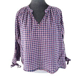 Madewell‎ Women’s L Plaid Cotton Linen Tie Sleeve Blouse Top Red Blue White